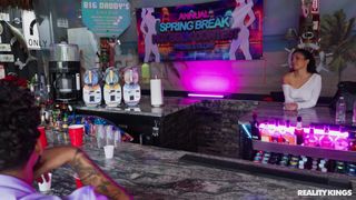 Mira Luv takes Mike Ox behind the bar counter for a sloppy blowjob